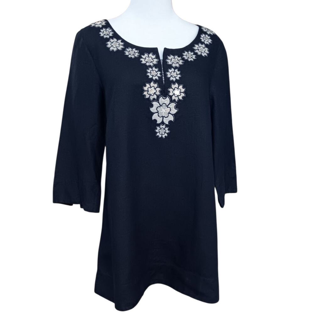 J. CREW 100% Linen Tunic Top‎ Blouse M/10 Artsy Floral Applique Long 3/4 Sleeves